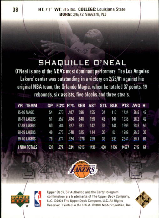 2000-01 SP Authentic #38 Shaquille O'Neal back image
