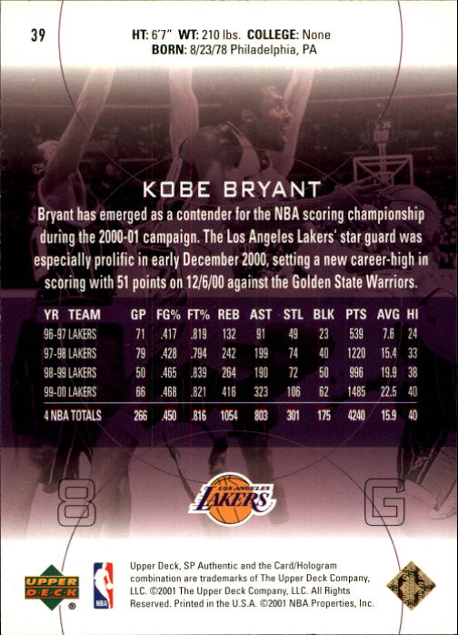2000-01 SP Authentic #39 Kobe Bryant back image