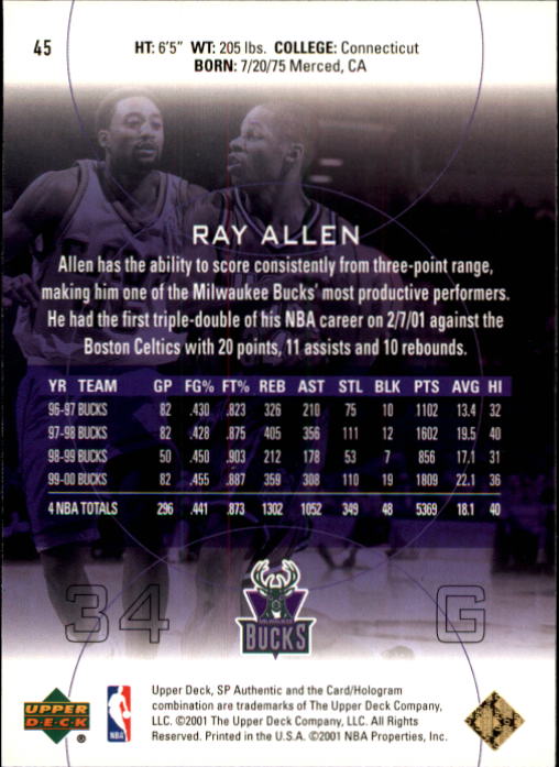 2000-01 SP Authentic #45 Ray Allen back image