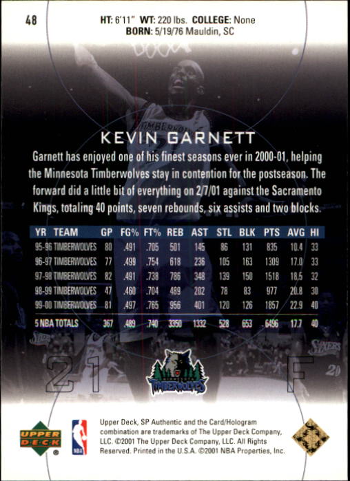 2000-01 SP Authentic #48 Kevin Garnett back image