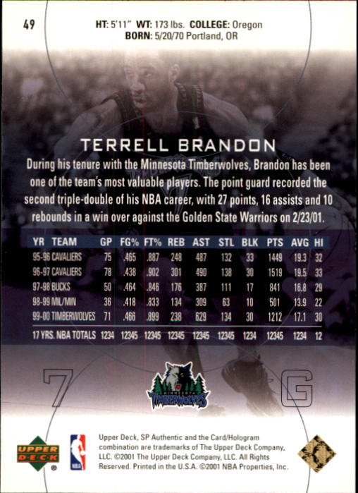 2000-01 SP Authentic #49 Terrell Brandon back image