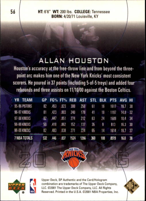 2000-01 SP Authentic #56 Allan Houston back image