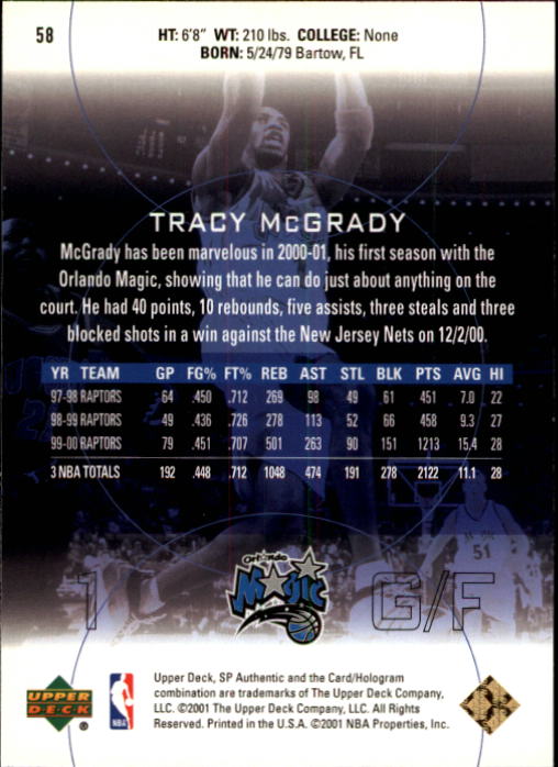 2000-01 SP Authentic #58 Tracy McGrady back image