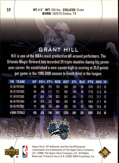 2000-01 SP Authentic #59 Grant Hill back image