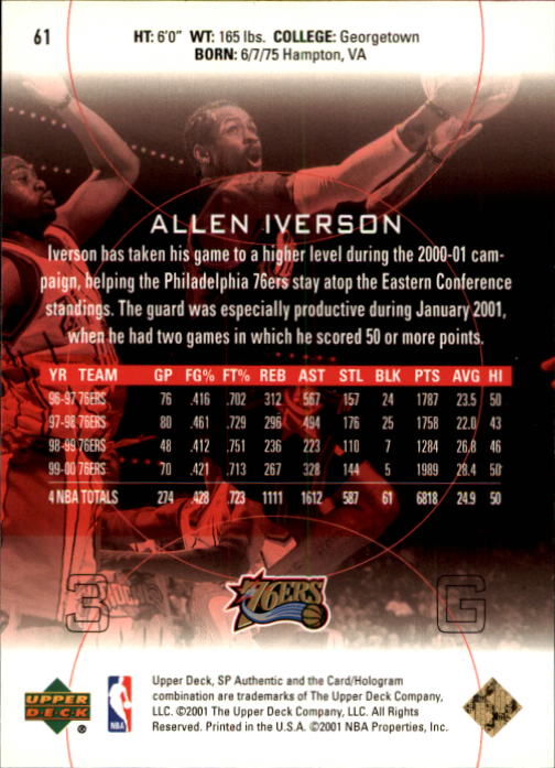 2000-01 SP Authentic #61 Allen Iverson back image