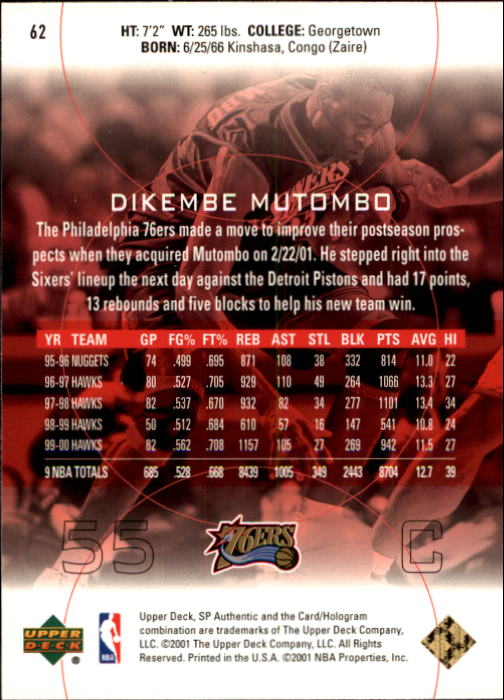 2000-01 SP Authentic #62 Dikembe Mutombo back image