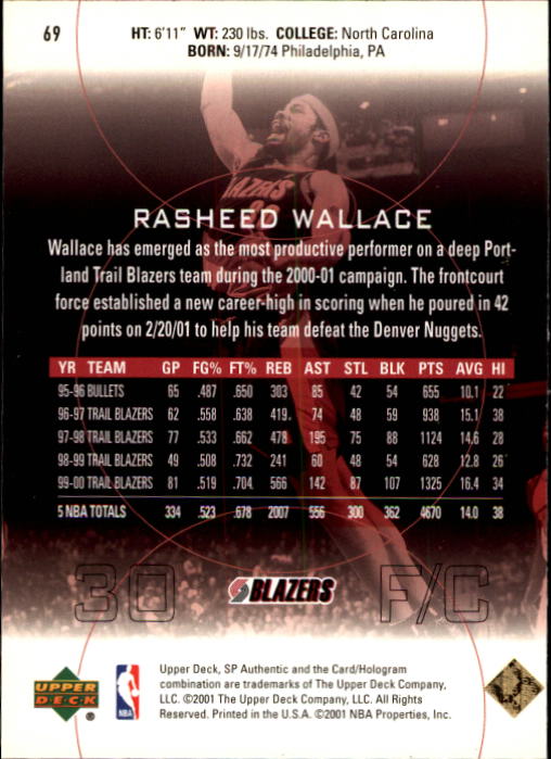 2000-01 SP Authentic #69 Rasheed Wallace back image