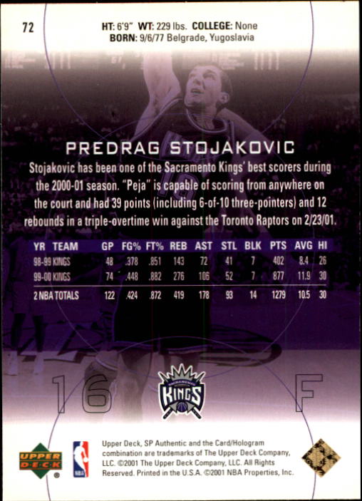 2000-01 SP Authentic #72 Peja  Stojakovic back image