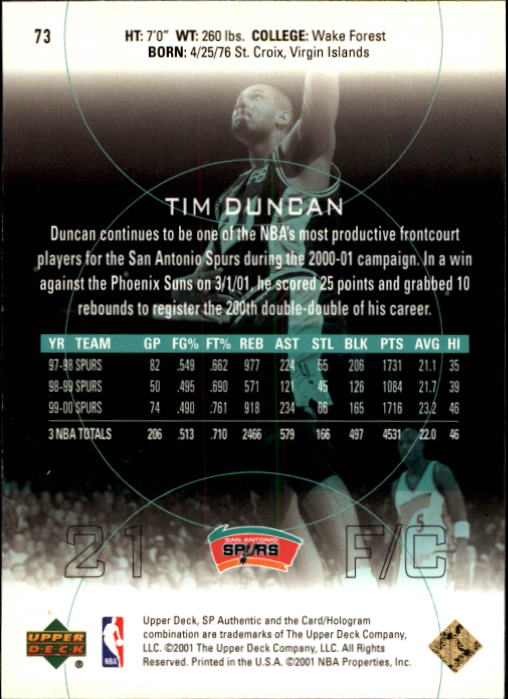 2000-01 SP Authentic #73 Tim Duncan back image