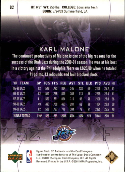 2000-01 SP Authentic #82 Karl Malone back image