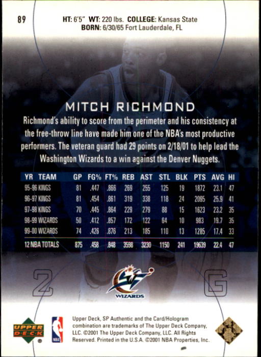 2000-01 SP Authentic #89 Mitch Richmond back image
