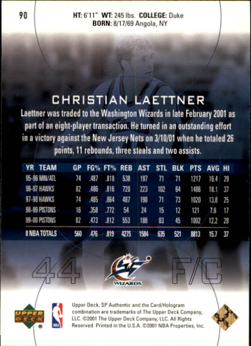 2000-01 SP Authentic #90 Christian Laettner back image