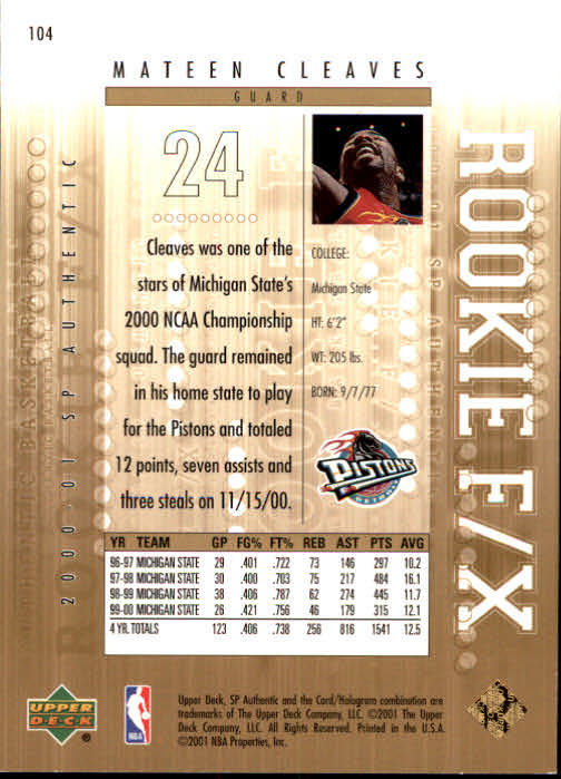 2000-01 SP Authentic #104 Mateen Cleaves/1250 RC back image