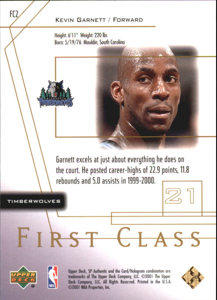 2000-01 SP Authentic First Class #FC2 Kevin Garnett back image