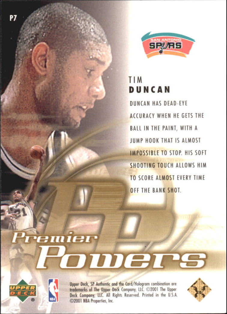 2000-01 SP Authentic Premier Powers #P7 Tim Duncan back image