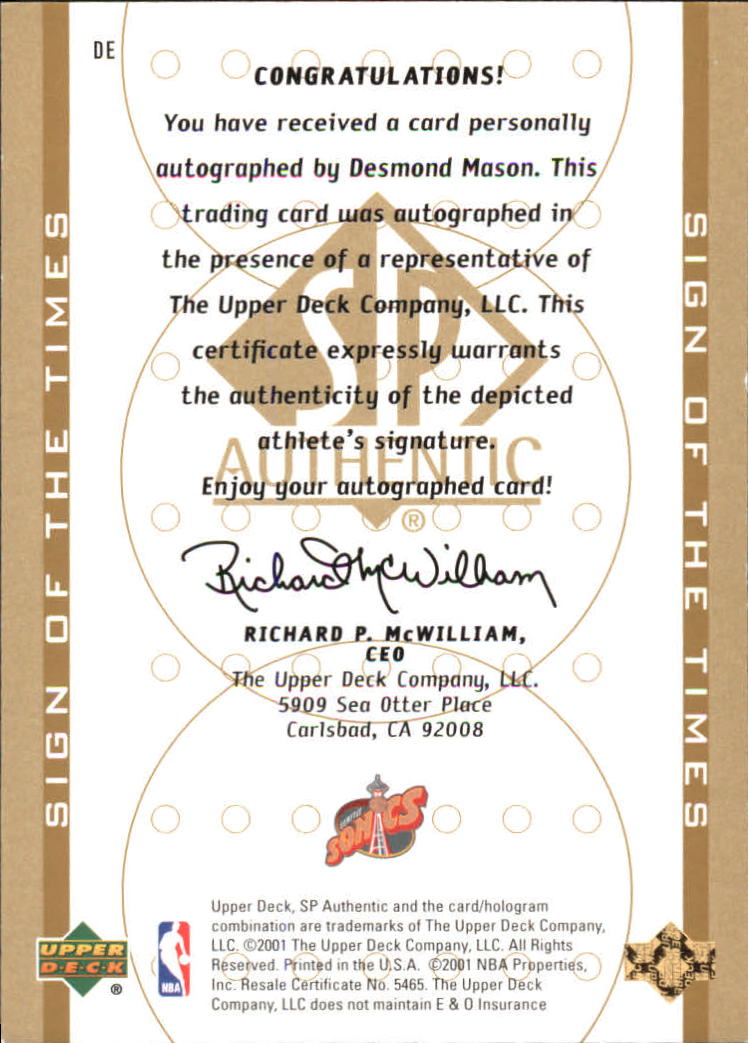 2000-01 SP Authentic Sign of the Times #DE Desmond Mason back image