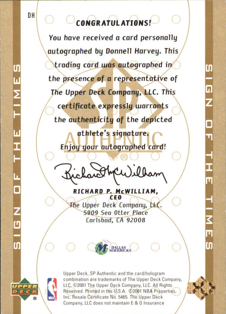 2000-01 SP Authentic Sign of the Times #DH Donnell Harvey back image