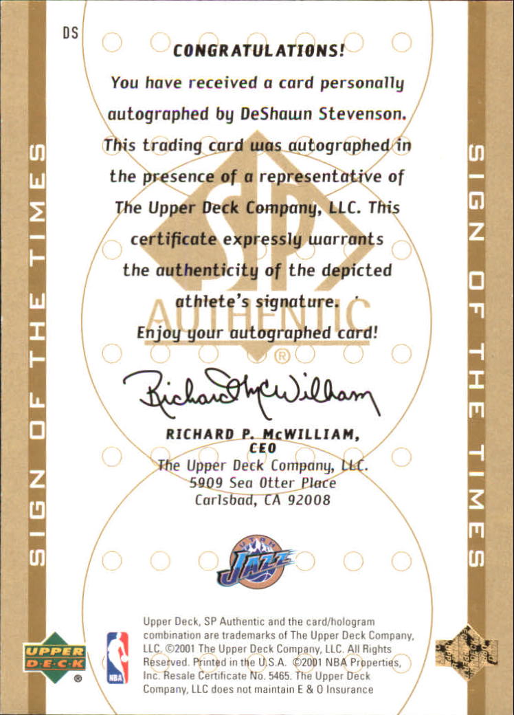 2000-01 SP Authentic Sign of the Times #DS DeShawn Stevenson back image