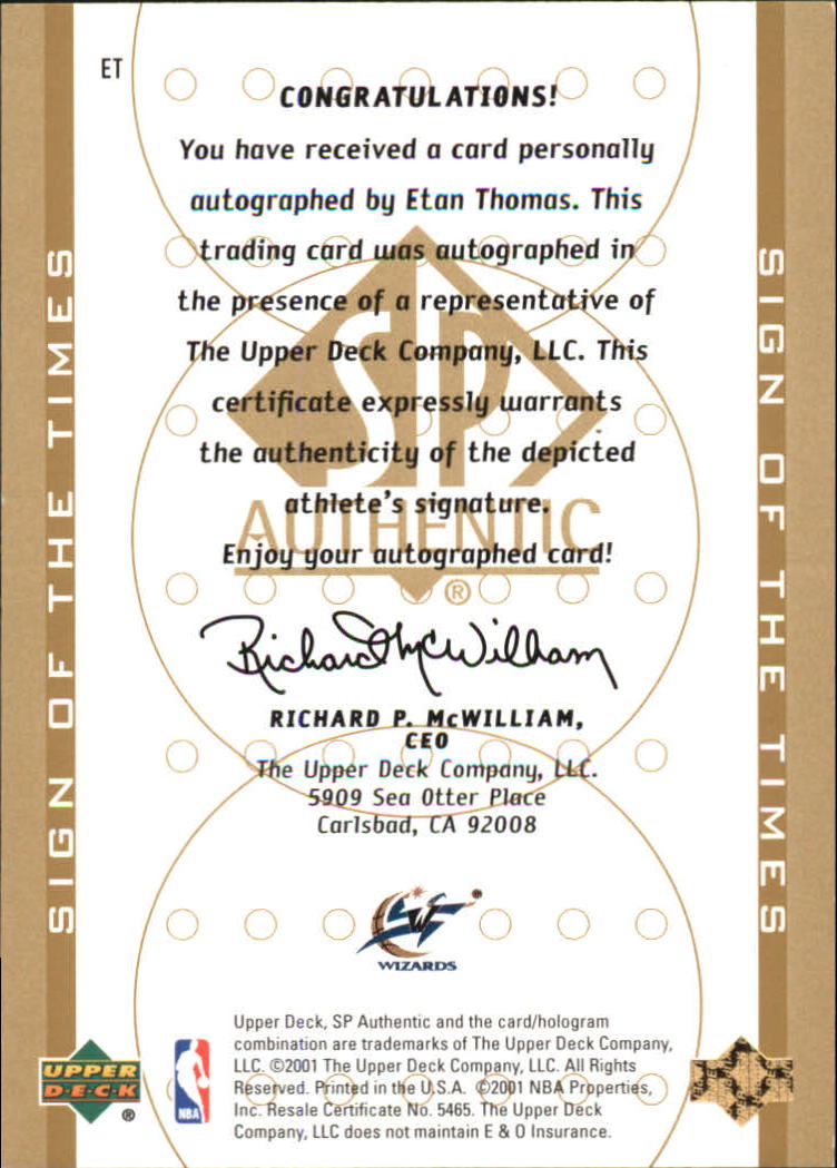 2000-01 SP Authentic Sign of the Times #ET Etan Thomas back image