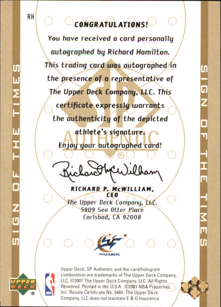 2000-01 SP Authentic Sign of the Times #RH Richard Hamilton back image