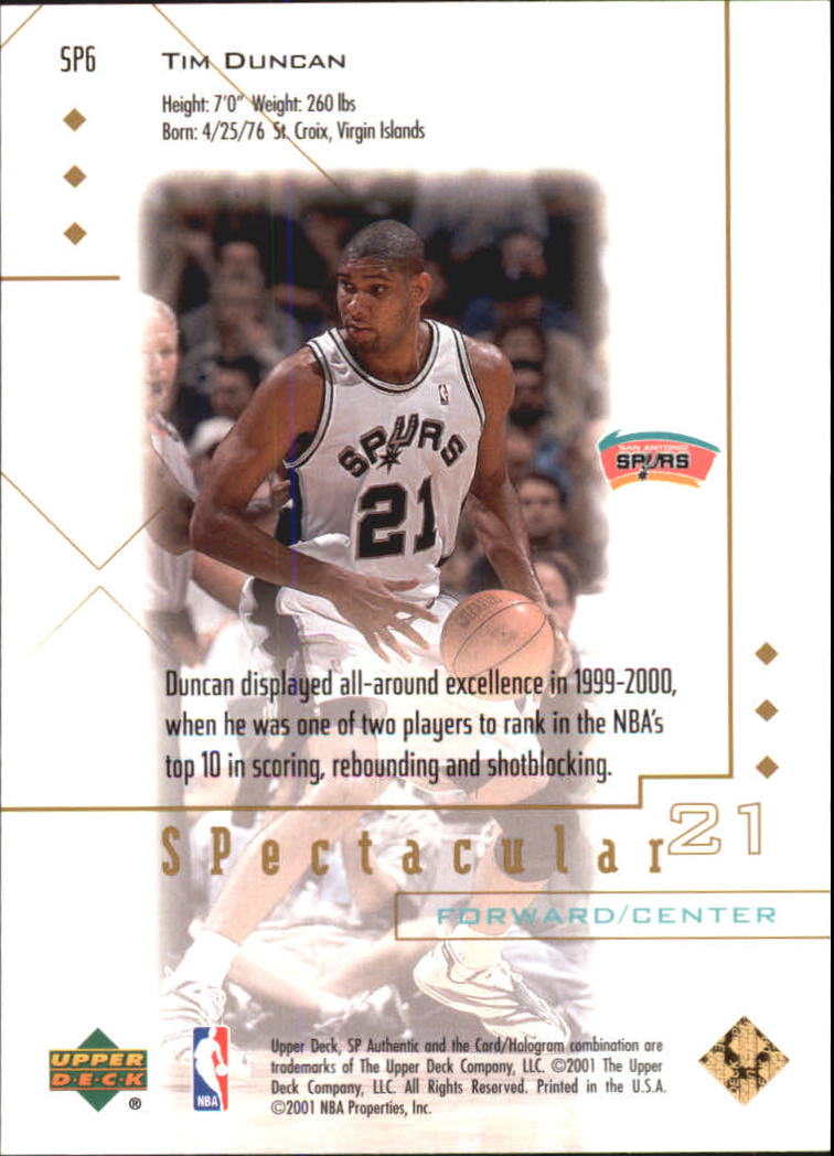 2000-01 SP Authentic Spectacular #SP6 Tim Duncan back image