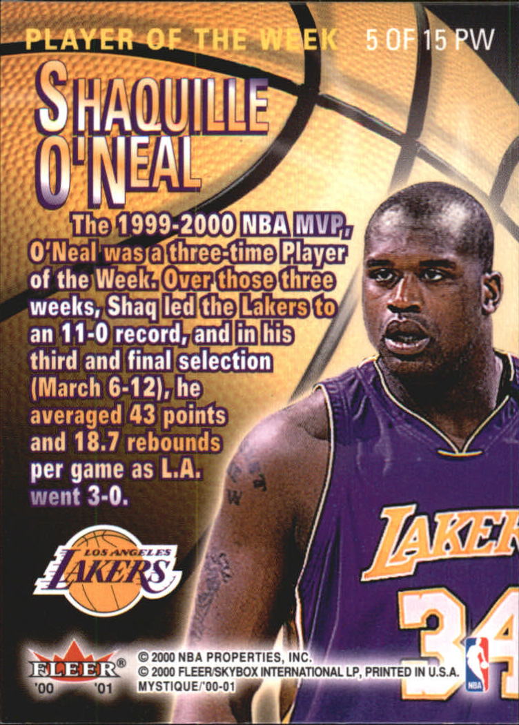 2000-01 Fleer Mystique Player of the Week #5 Shaquille O'Neal back image