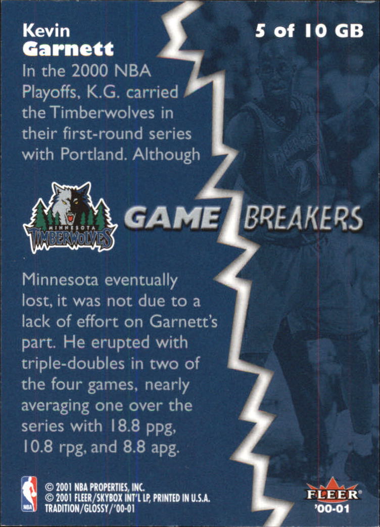 2000-01 Fleer Glossy Game Breakers #5 Kevin Garnett back image