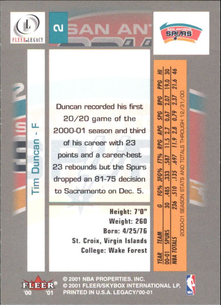 2000-01 Fleer Legacy #2 Tim Duncan back image