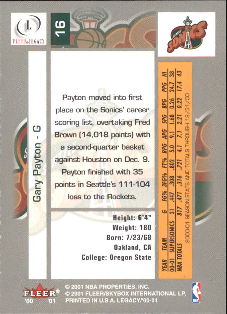 2000-01 Fleer Legacy #16 Gary Payton back image