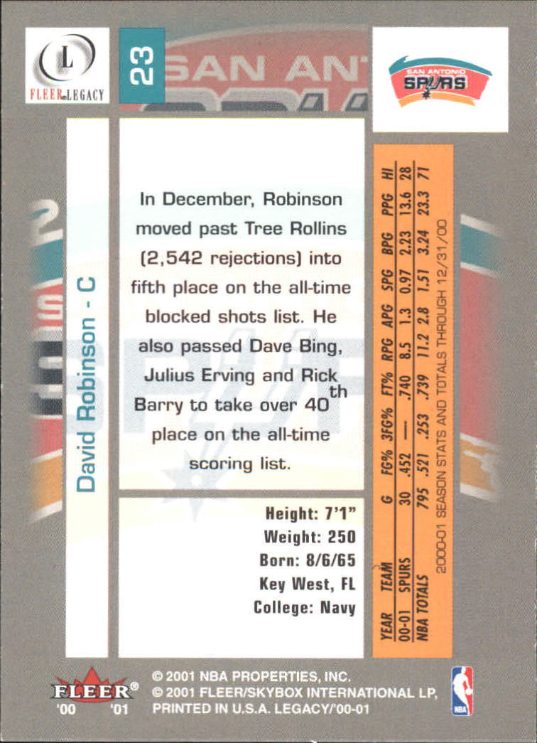 2000-01 Fleer Legacy #23 David Robinson back image