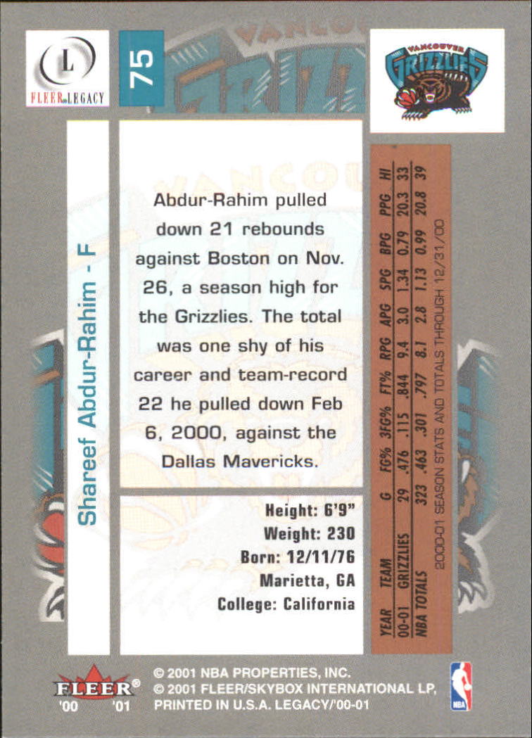 2000-01 Fleer Legacy #75 Shareef Abdur-Rahim back image