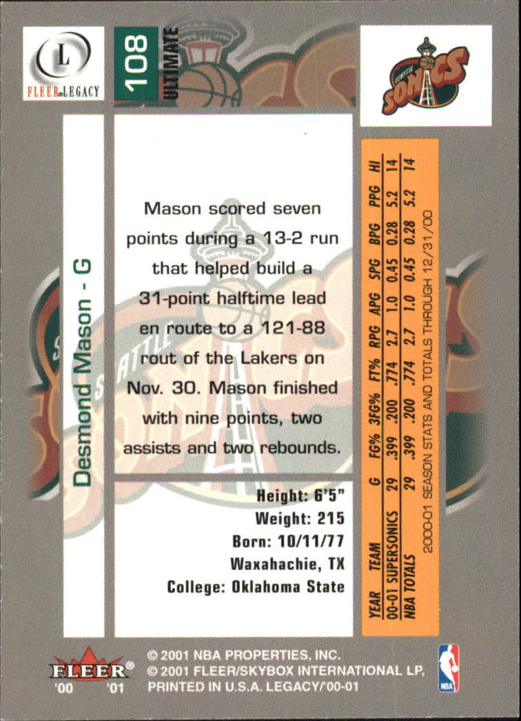 2000-01 Fleer Legacy Ultimate Legacy #108 Desmond Mason back image
