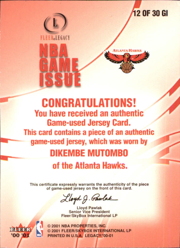 2000-01 Fleer Legacy NBA Game Issue #GI12 Dikembe Mutombo back image