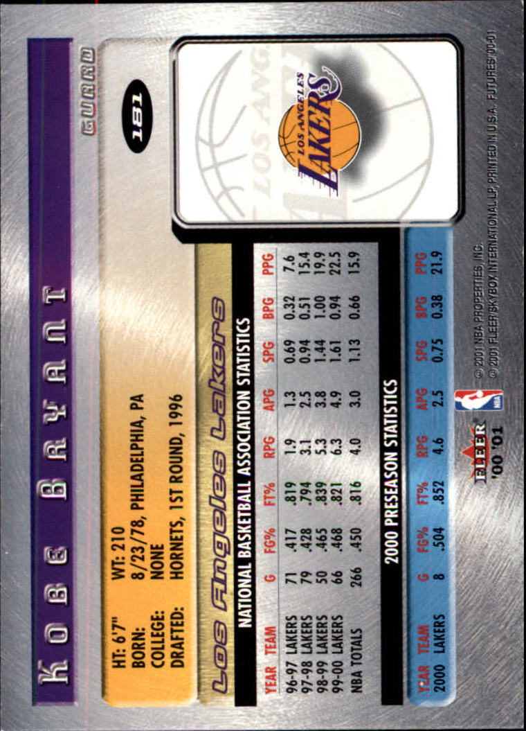 2000-01 Fleer Futures #181 Kobe Bryant back image