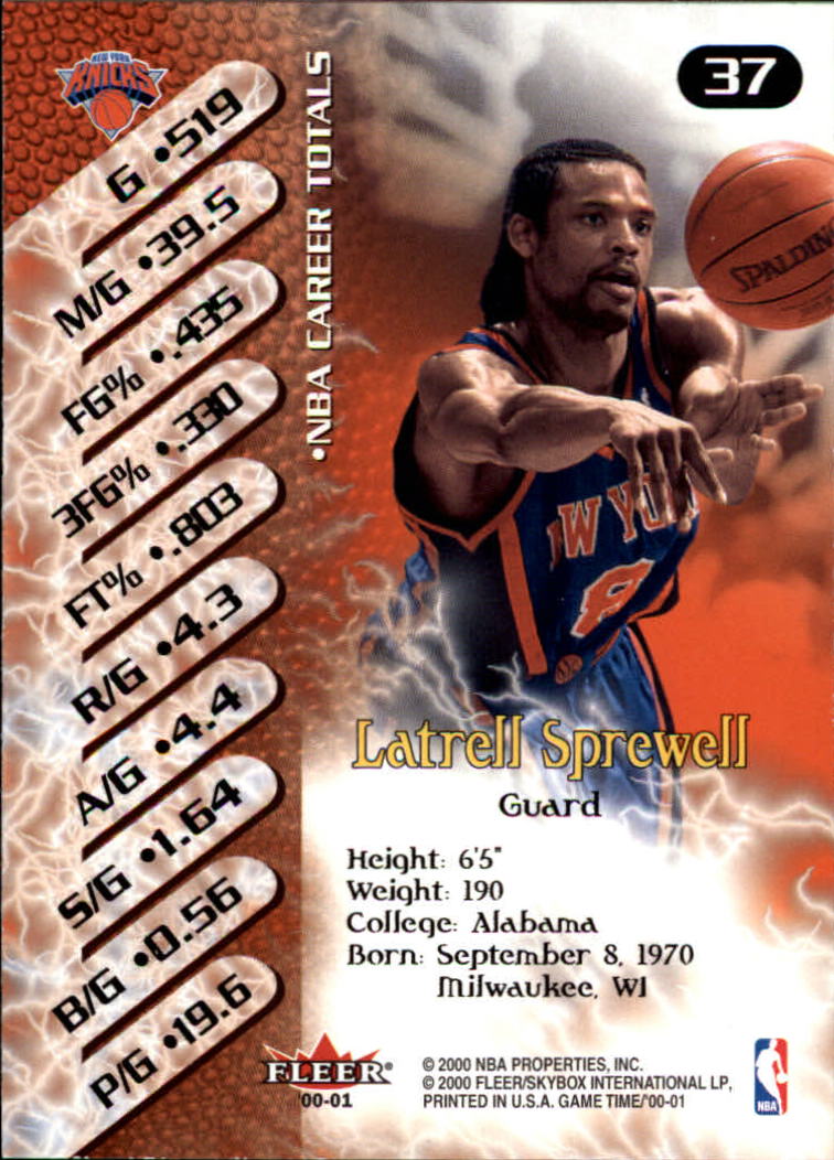 2000-01 Fleer Game Time #37 Latrell Sprewell back image