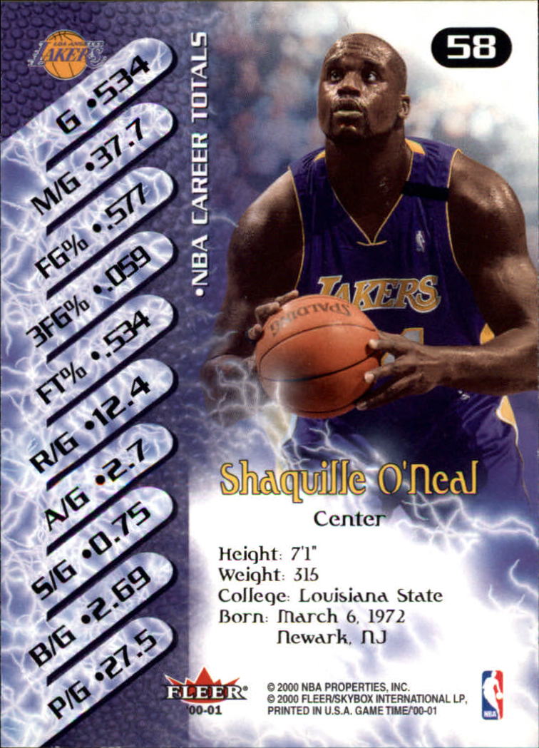 2000-01 Fleer Game Time #58 Shaquille O'Neal back image
