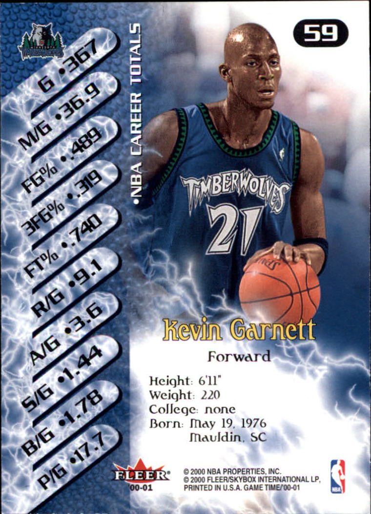 2000-01 Fleer Game Time #59 Kevin Garnett back image