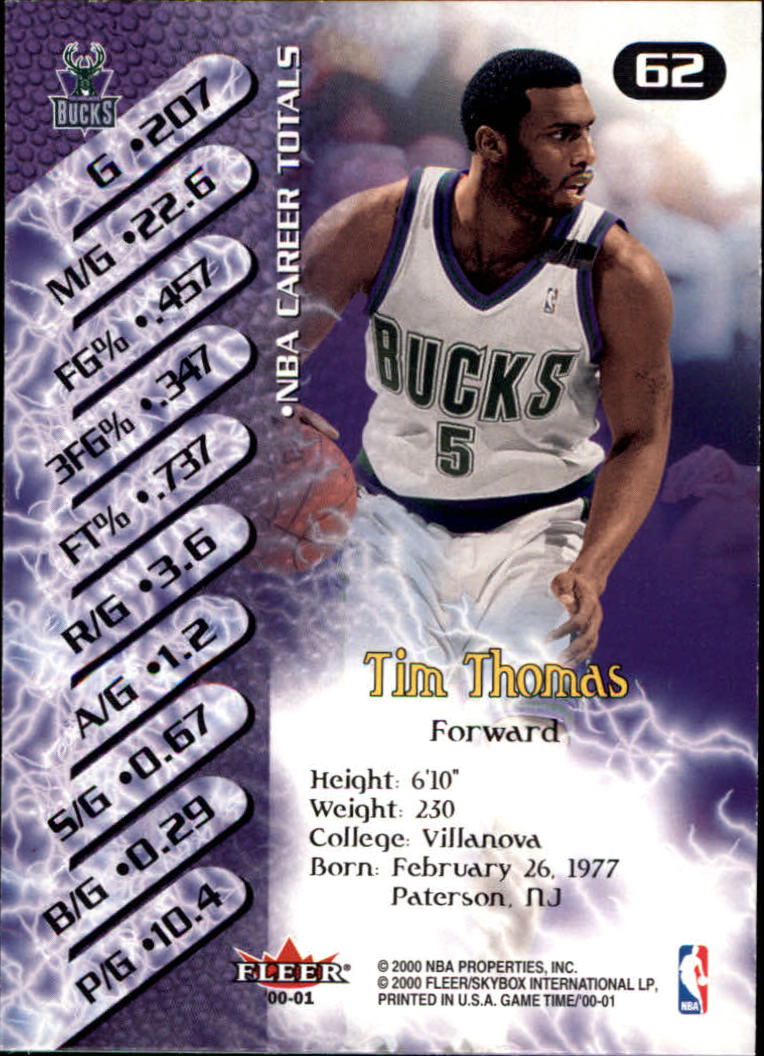 2000-01 Fleer Game Time #62 Tim Thomas back image