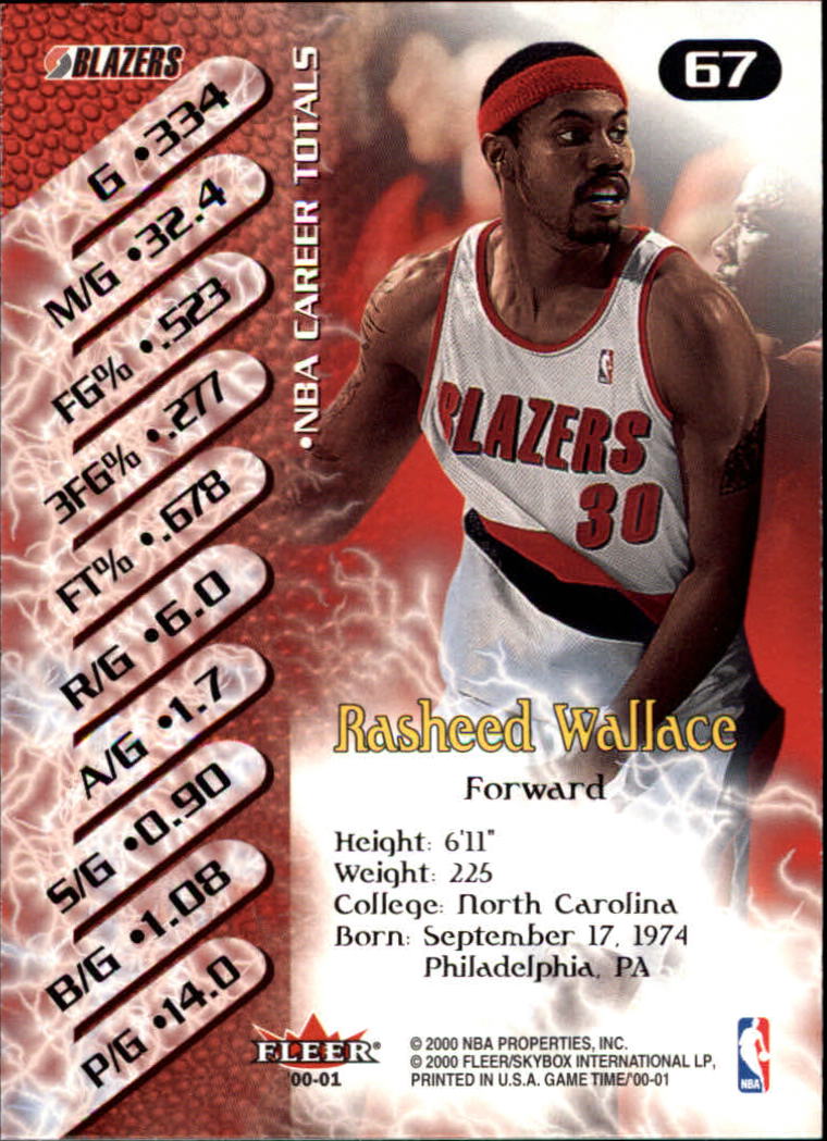 2000-01 Fleer Game Time #67 Rasheed Wallace back image