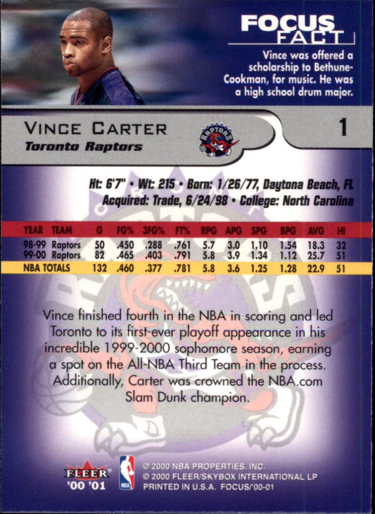 2000-01 Fleer Focus #1 Vince Carter back image