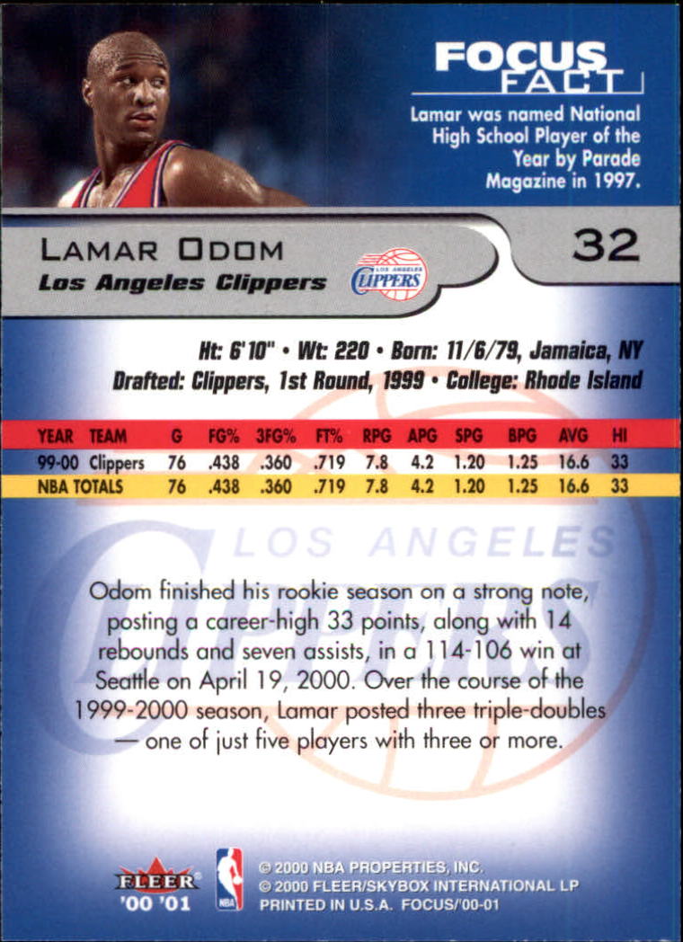 2000-01 Fleer Focus #32 Lamar Odom back image