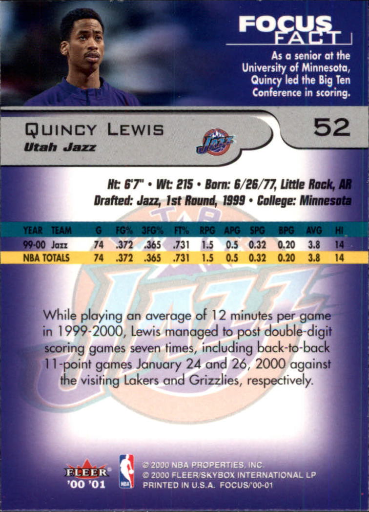 2000-01 Fleer Focus #52 Quincy Lewis back image