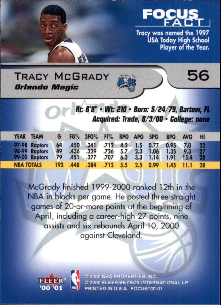 2000-01 Fleer Focus #56 Tracy McGrady back image