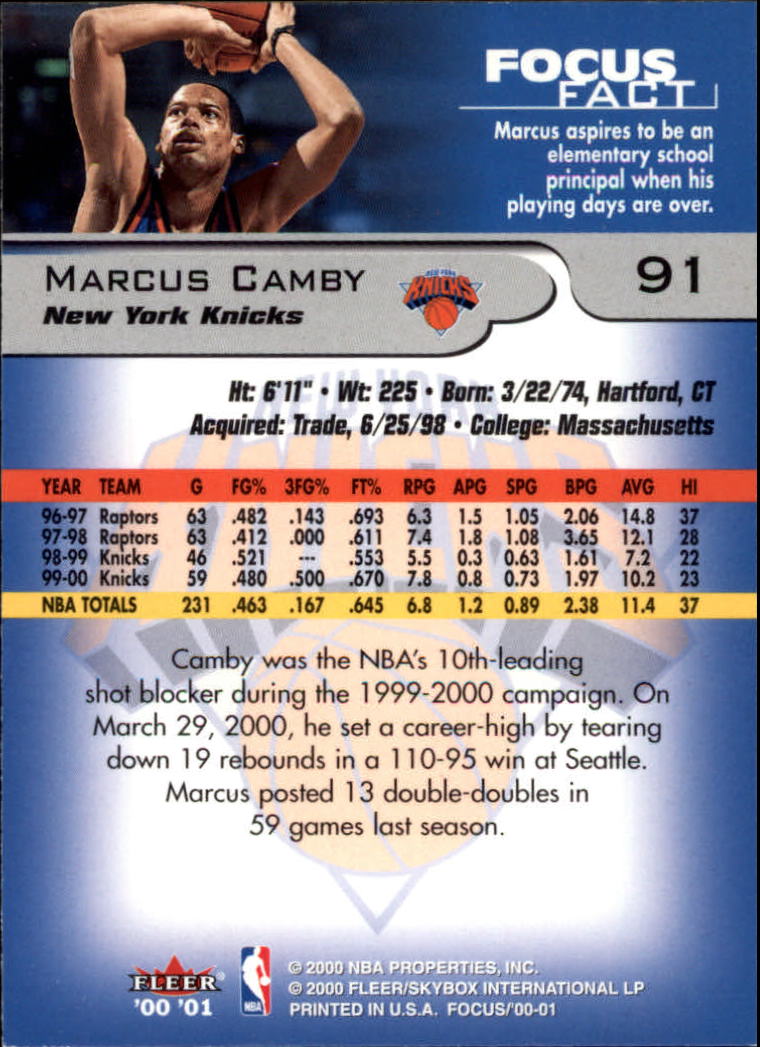 2000-01 Fleer Focus #91 Marcus Camby back image