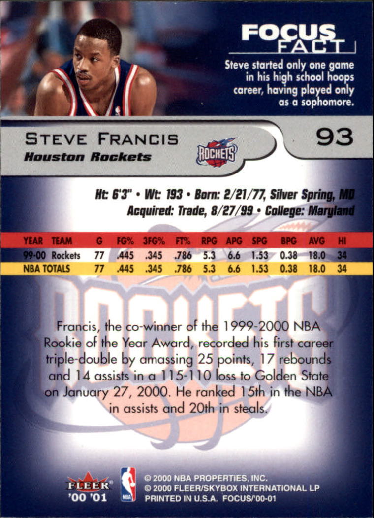 2000-01 Fleer Focus #93 Steve Francis back image