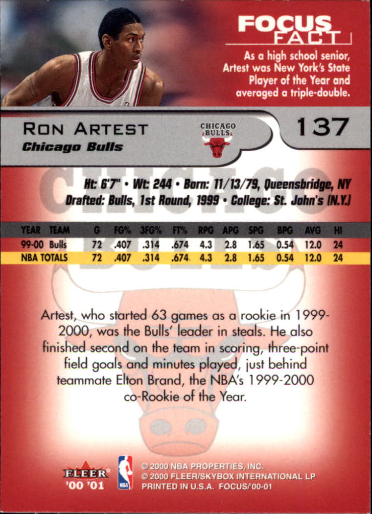 2000-01 Fleer Focus #137 Ron Artest back image