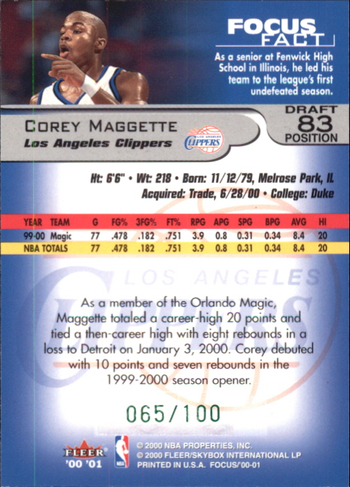 2000-01 Fleer Focus Draft Position #83 Corey Maggette/100 back image