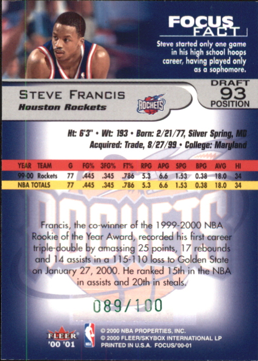 2000-01 Fleer Focus Draft Position #93 Steve Francis/100 back image