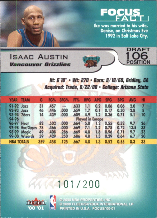 2000-01 Fleer Focus Draft Position #106 Isaac Austin/200 back image