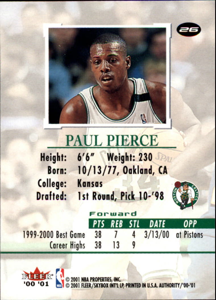 2000-01 Fleer Authority #26 Paul Pierce back image